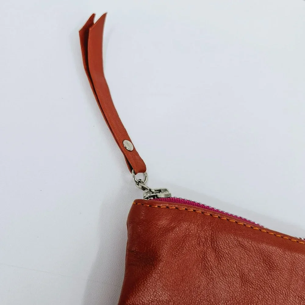 Talula De La Lune Leather Wristlet Camel Brown Fringe Trim Pink Zip Top Plaid
